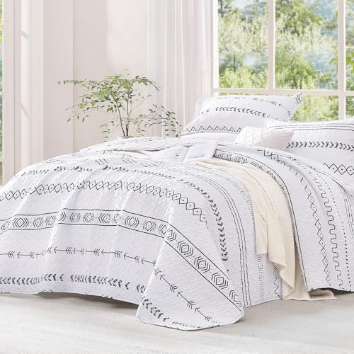 Image of Andency White Oversized Super King Quilt Set, 3 Pieces Boho Lightweight Soft Striped Bedspread for All Season (120 inchx120 inch), Printed Bohemian Polyester Reversible Coverlet Comforter Sets