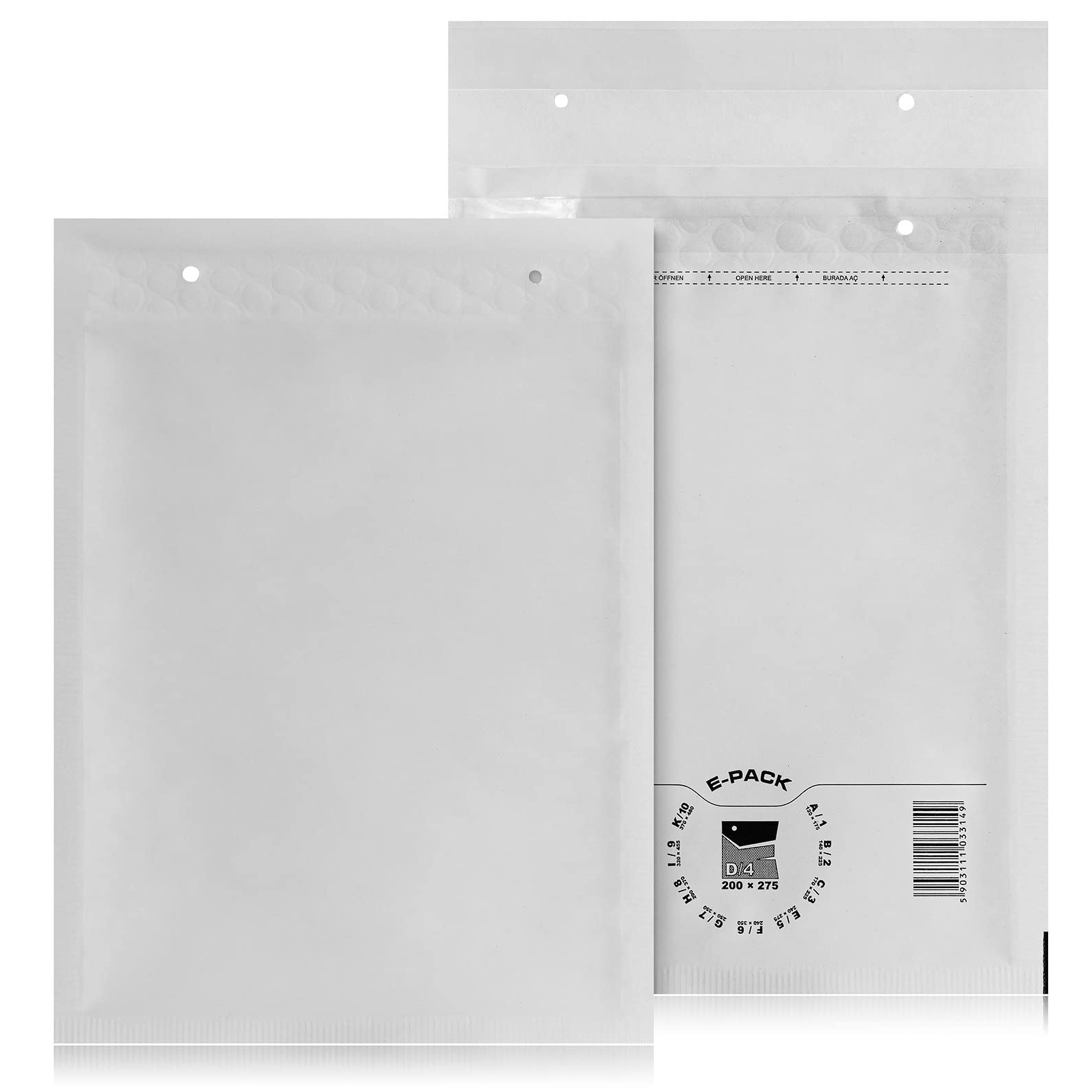 Buste imbottite a bolle d'aria E-PACK A1 B2 C3 D4 E5 F6 G7 H8 J9 I9 K10, colore bianco D/4 bianco 100 pezzi.