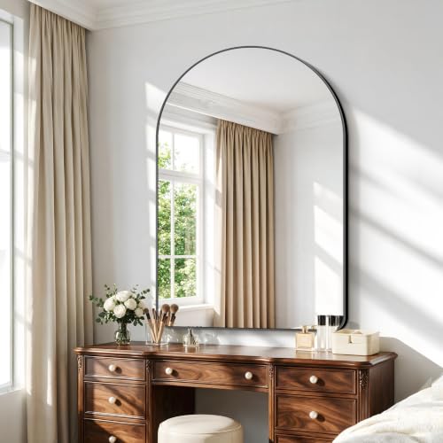 Image of BONEWEI Arched Wall Mirror,55x40 inch Black Arched Mirror Bathroom,Large Vanity Mirror for Over Sink Metal Frame,Tempered Glass Arch Mirrors for Bedroom,Entryway,Living Room,Home Decor Shatter-Proof