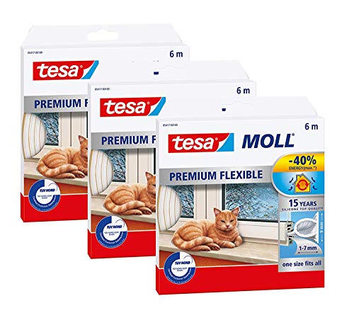 tesa INSULATION Dichtungsband Premium - Selbstklebende Silikondichtung zum Isolieren von Spalten an Fenstern und Türen - Transparent - 6 m x 9 mm x 7 mm (Transparent, 3 Packungen)