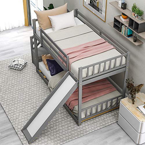Image of Bellemave Bunk beds Twin Over Twin Size Slide and Stair Storage, Floor bunk Bed,Gray
