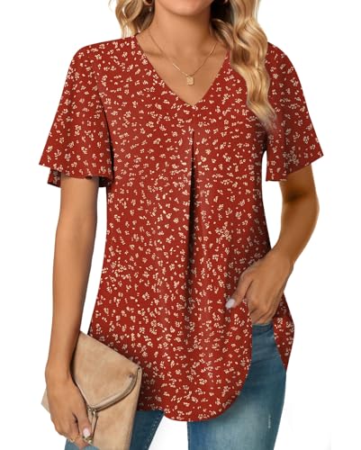 Anyally Women's Summer Dressy Chiffon Blouses V Neck Ruffle Short Sleeve Tunic Tops for Leggings Casual T-Shirts2