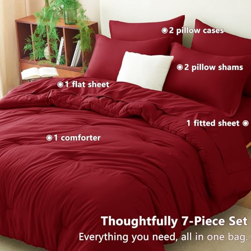 CozyLux Queen Comforter Set Dark Red, 7 Pieces Bed in a Bag Queen Size Comforter Set with Sheets, Bedding Sets with Down Alternative Comforter, Fitted Sheets, Flat Sheets, Pillow Shams and Pillowcases