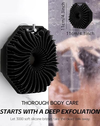 Image of KIMEE Silicone Body Scrubber and Bath Brush Combo - Long Handle Shower Brush for Back and Hexagonal Scrubber Set for Deep Cleansing, Body Massager and Exfoliator for Men and Women, Black