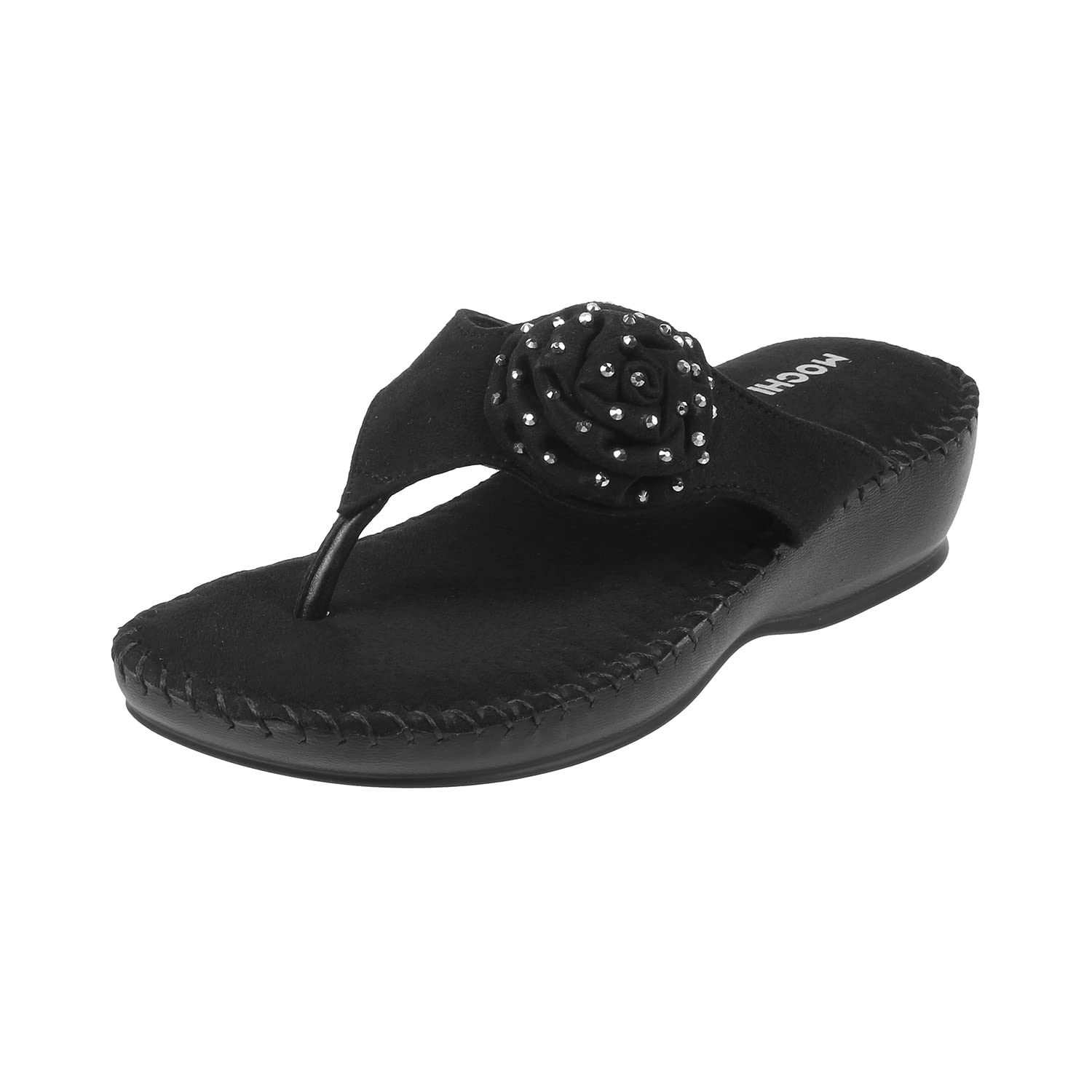 MochiWomen's Suede Faux Leather Comfort Fashion Slip-on Sandal with Embellished Flower Details
