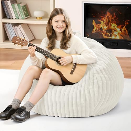 Homguava 2FT Bean Bag Chair 2 Small Bean Bags with Memory Foam Filled Beanbag Chairs with Machine Washable Cover Dutch Corded Plush Cover for Classroom Living Room Bedroom-White