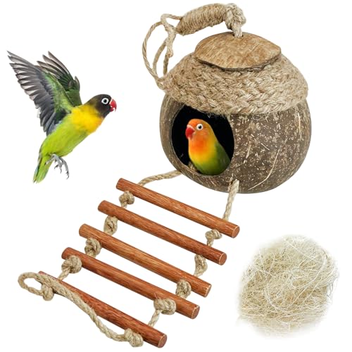 Image of Tfwadmx Coconut Bird Nest Hut with Ladder Natural Coconut Fiber Shell Hanging Coco Birds House Parrot Cage Decor for Parrot Cockatiel Lovebird Finch