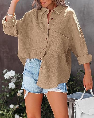 Image of NOLLSOM Casual Shirts for Women Long Sleeve Button Down Blouses Fall 2026 Solid Color Trendy Tops with Pocket