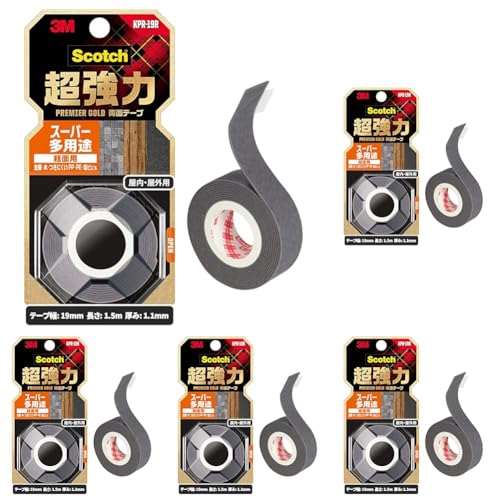3M スコッチ 超強力両面テープ プレミアゴールド スーパー多用途 粗面用 幅19mm長さ1.5m KPR-19R (× 5)