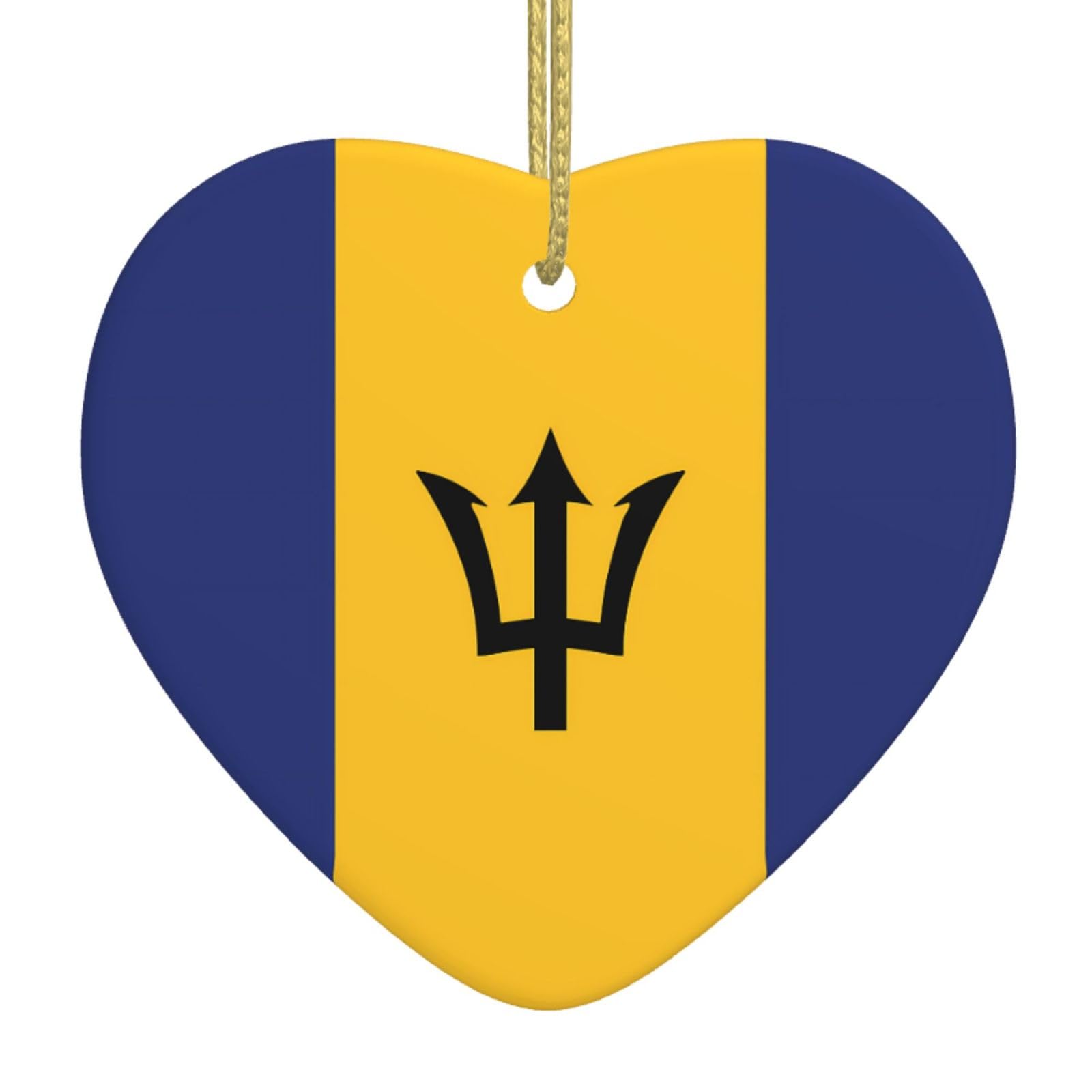 Ceramic Hanging Ornament â€“ Flag of Barbados Print Christmas Tree Xmas Decoration, Heart-Shaped Porcelain Keepsake