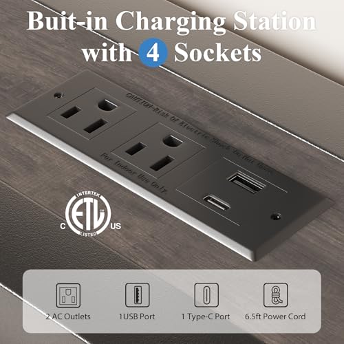 Image of LOEWAY Full Size Bed Frame with Storage Headboard, Industrial Platform Bed with Charging Station and LED Lights, Heavy Duty Metal Slats, No Box Spring Need, Noise Free, Grey