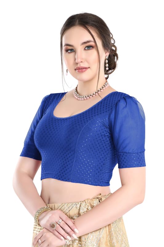Image of FINESTFIT Stay On Trend Fashion 100% Cotton Readymade Blouses for Women,Round Neckline with Organza Balloon Sleeves.