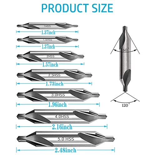 Yuentoen Center Drill Bits Set,7 Pieces Hss 60-Degree Angle Center Drill Bits Kit Countersink Tools For Lathe Metalworking Size 1.0 1.5 2.0 2.5 3.0 4.0 5.0 #TOP1
