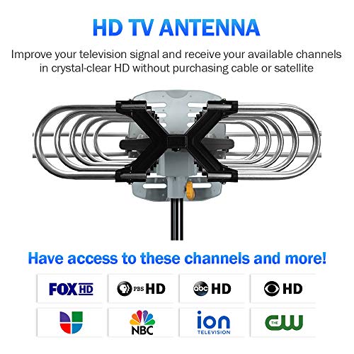 Outdoor Amplified HD Digital TV Antenna 150 Miles Range -with 360 Degree Rotation, Wireless Remote Control,33 FT RG6 Coax Cable & Mounting Pole,for 4K UHF VHF 1080P 4K and All TVs .Support 2 TVs - Thumbnail 4