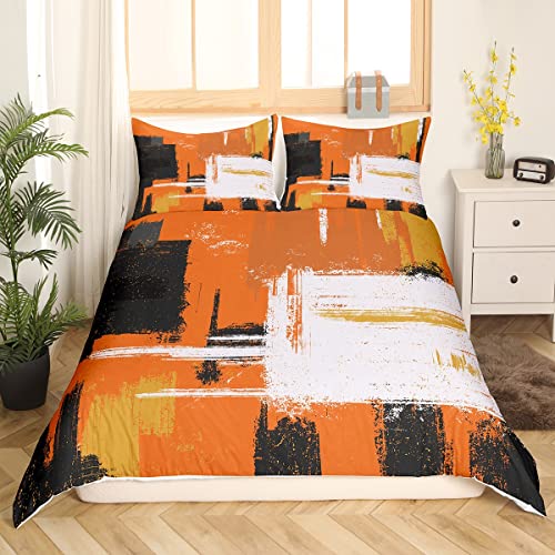 Abstract Bedding Set Modern Abstract Art Bedding Set for Kids Teens Retro Duvet Cover Orange White Grey Pattern Bedspread Cover Room Decor 3Pcs With 2 Pillow Case King Size