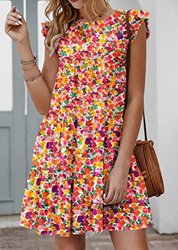 Image of KIRUNDO Summer Dresses for Women Sundress Sleeveless Ruffle Sleeve Round Neck Loose Short Flowy Pleated Mini Babydoll Dress