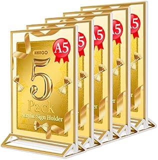 VAIIGO A5 Acrylic Sign Holder with Gold Borders, Double Sided Table Menu Display Stand Wedding Table Numbers Sign Holder for Wedding, Restaurant Signs, Photo Frames, Flyer, Ads Display Etc-5 Pack