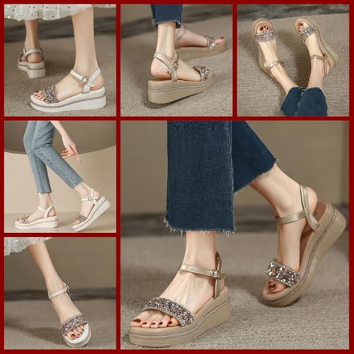 Women’s Wedge Sandals with Crystal Embellishments, Adjustable Ankle Strap, Comfortable Platform Sandals, Stylish and Elegant for Summer, Weddings, and Casual Wear2