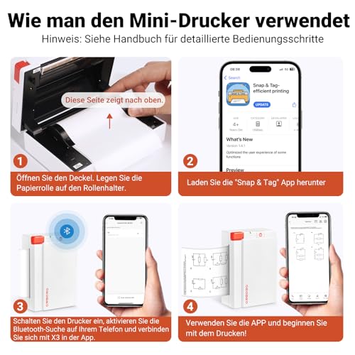 ORGBRO Mini Drucker für Smartphone, X3 Sticker Drucker Bluetooth mit 1 Rolle Aufkleber Papier, 300DPI Mini Printer Etikettendrucker Tragbarer Thermodrucker für Studie Notizen & Fotos, Weiß