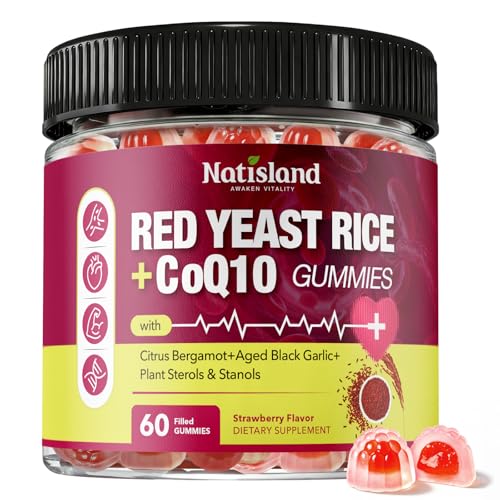 NATISLAND Red Yeast Rice with CoQ10 Gummies Red Yeast Rice Supplement with Citrus Bergamot & Plant Sterols Sugar Free Vegan Strawberry Flavor 60 Count