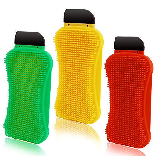 3 Pieces Silicone Sponges,Kitchen Silicone Sponge Dishwashing,3-in-1 Silicone Sponge,Multi-Functional Cleaning Sponge with Dishes Built-in Soap and Scrubber Scraper(Yellow,Green and Red)