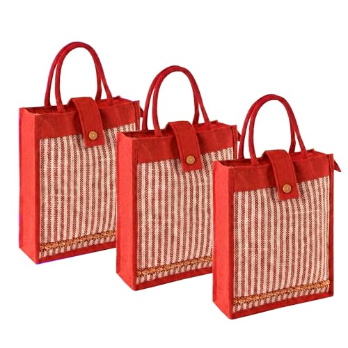 Image of Kuber Industries 3 Pcs Jute Medium Shopping Bag for Women with Handle | Multipurpose and Reusable Carry /Shopping Bag for Grocery | Lining Design - Red