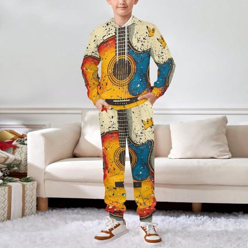 Boys Girls Hoodie Pants Hooded Sweatshirt Sweatpant 2 Piece Clothing Set, Cartoon Guitar Retro3