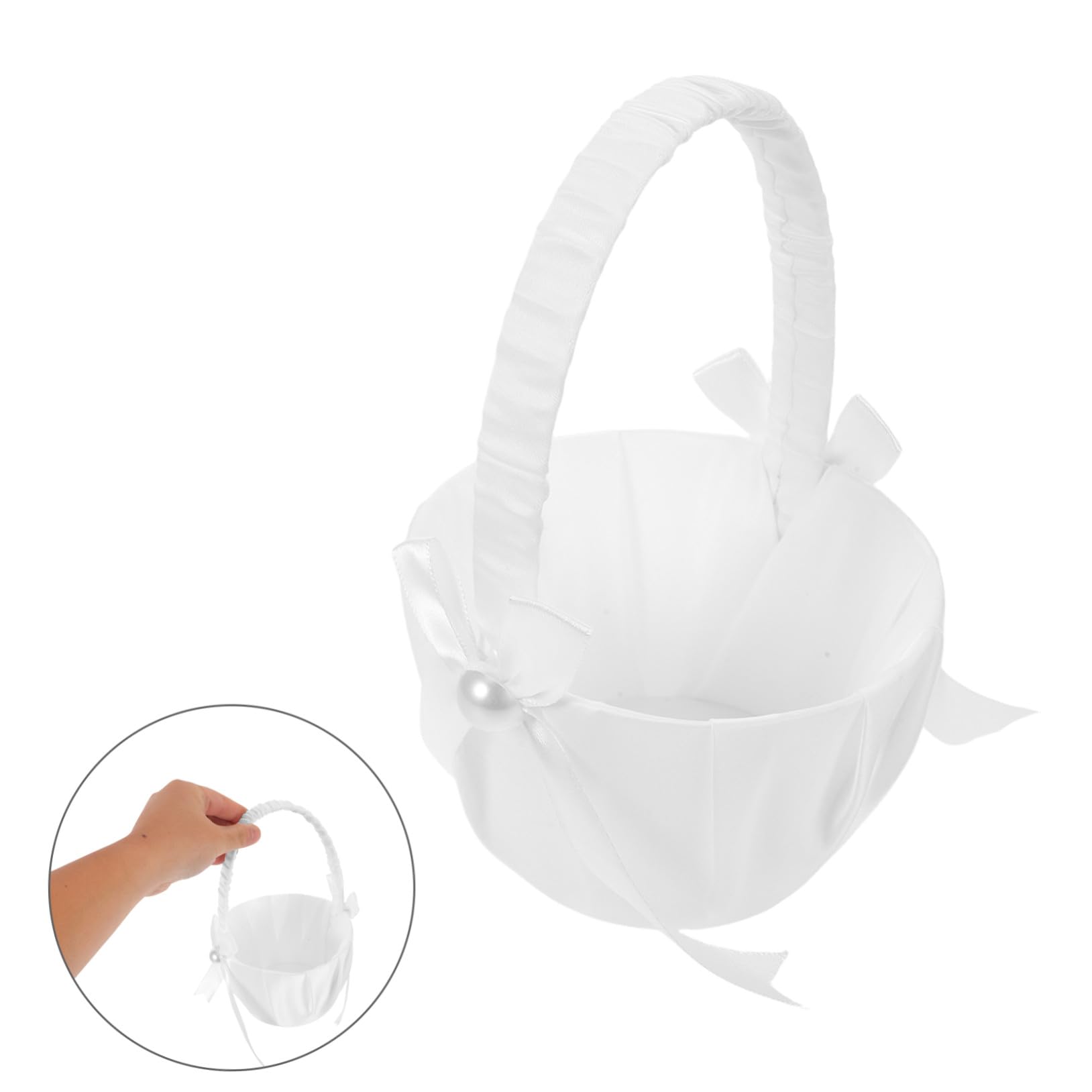 Weißer Blumenmädchenkorb aus Satin mit Perlen, Hochzeit | Schleife, Sicherer Griff, für Blüten oder Sträuße, 4 Stück, Dekorativ für Zeremonien