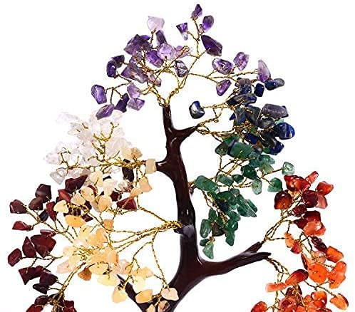 Shawn Seven Chakra Natural Healing Gemstone Bonsai Fortune Money Tree For Good Luck, Wealth & Prosperity Office Decor Spiritual Gift (With Golden Wire And 300 Beads) Size 10-12 Inches, Golden,Natural #TOP2
