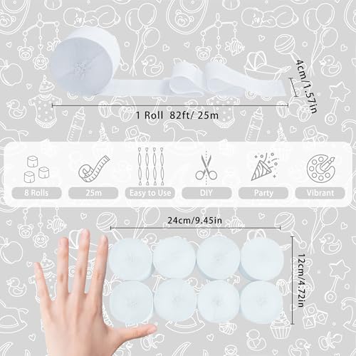 Image of 8 Rolls Crepe Paper Streamers, White Streamers Party Decorations for Baby Shower Bridal Shower Wedding Party Birthday Christmas