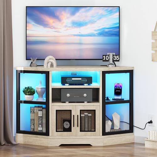 DWVO Corner TV Stand 55/50 Inch TV w/Power Outlet & LED Light, Farmhouse Entertainment Center with Storage, Wood TV Media Console with Storage Cabinets Shelves for Living Room, White Oak