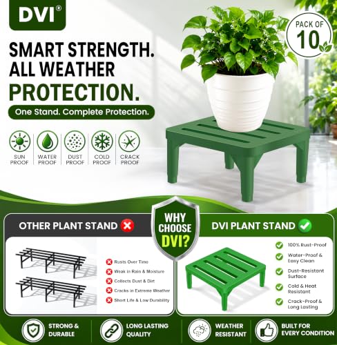 Image of DVI Heavy Duty Green Plant Stand | Pack of 10 | Strong, Durable, Rust-Proof | Supports Up to 200 Kg | Indoor & Outdoor Use | Pot Stand for Big Size Plants | All Weather Resistant Pot Stand