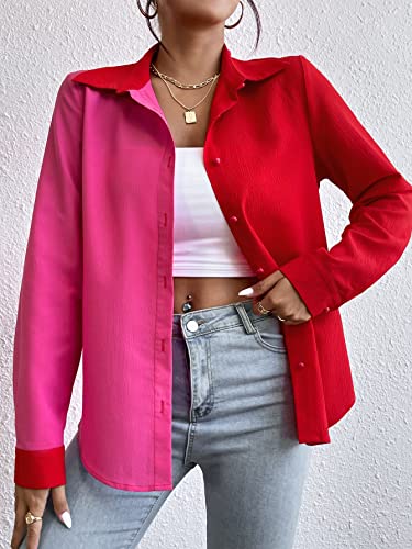 WDIRARA Women's Colorblock Long Sleeve Blouse Shirt Button Down Collared Tops4