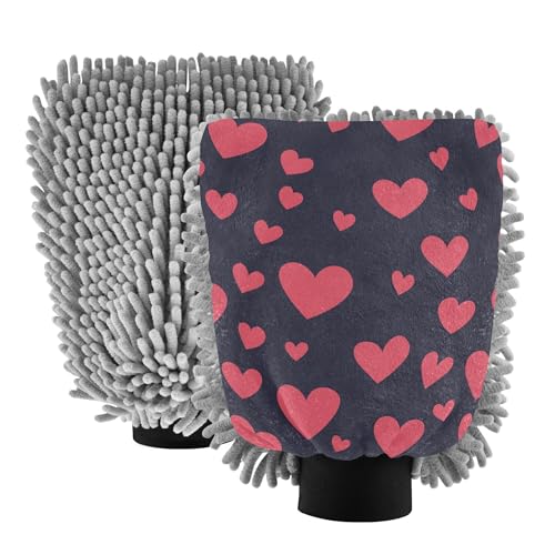 Cartoon Cute Pink Love Hearts Car Wash Microfiber Mitt 2 Pack Car Washing Gloves Scratch Free Clean Safe Mitt for Wash Drying