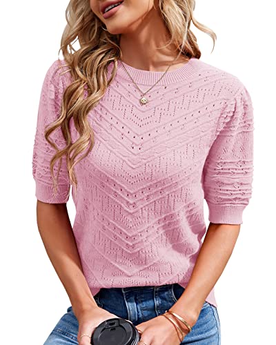 Image of Womens Puff Short Sleeve Sweater Summer Crew Neck Ribbed Knit Pullover Tops