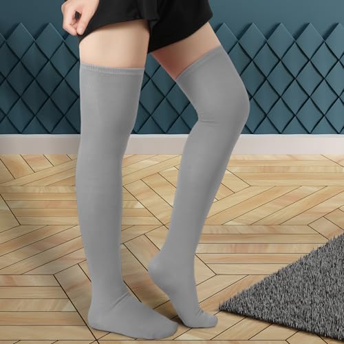 Image of KINBOM 1 Pair Thigh High Socks, Cotton Soft Knee High Long Stockings Leg Warmers for Women Girls Christmas Cosplay (Light Gray), 23.6inch