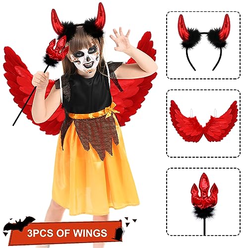 Newthinking Angel Wings and Horns for Adults Kids, Red Feather Wings Halloween Angel Devil Costume Cosplay for Women Girls, 65x35cm - Image 3