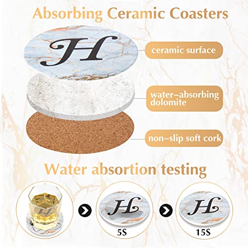 Monogrammed Coasters For Drinks Absorbents With Holder, Set Of 6 Ceramic Marble Style Drink Coaster With Cork Base,Personalized Coasters Customizable With Name, Initial Letter H #TOP3