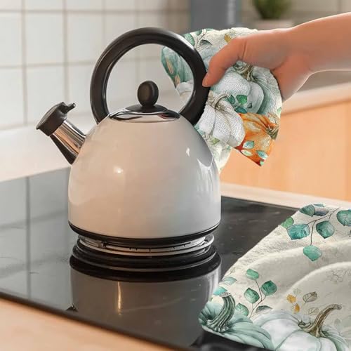 Image of Fall Kitchen Towels Harvest Pumpkin Thanksgiving Hand Towels Green Leaves Dish Towel Cleaning Cloth Soft Absorbent Quick Drying 4 Pack Dish Cloths for Kitchen, Bathroom Autumn Decoration