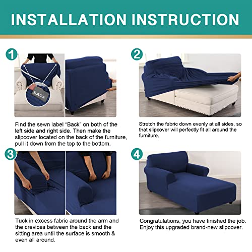 Chaise Cover, Stretch Chaise Lounge Covers, Chaise Chair Slipcover, Sofa Chaise Cover With Double Arm, Jacquard Fabric Small Checks Furniture Protector Couch Soft With Elastic Bottom（Navy Blue，M） #TOP3
