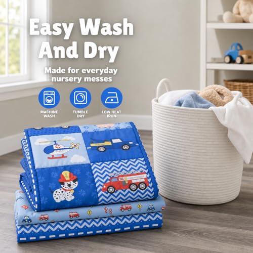 Image of EVERYDAY KIDS 4 Piece Boys Crib Bedding Set - Little Rescuer - Includes Quilt, Fitted Sheet, Dust Ruffle and Diaper Stacker - Nursery Bedding Set - Baby Crib Bedding Set