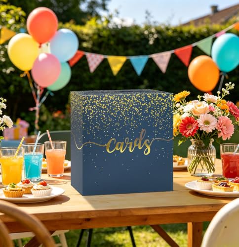 Image of Navy Blue Wedding Card Box with Gold Foil Navy Gift Card Holder Box for Party Graduation Wedding Reception Birthday Baby Shower Retirement Cardboard Envelope Raffle Box with Slot