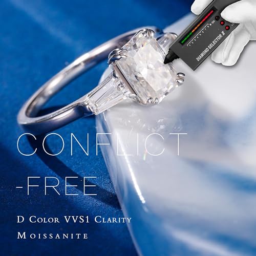 MOOSEA 3 Stone Moissanite Rings for Women, 2ct Radiant D Color VVS1 Clarity Lab Created Moissanite Rings 14K White Gold Vermeil Double Claw Radiant Cut Moissanite 3 Stone Rings for Women Mom Wife Gift2