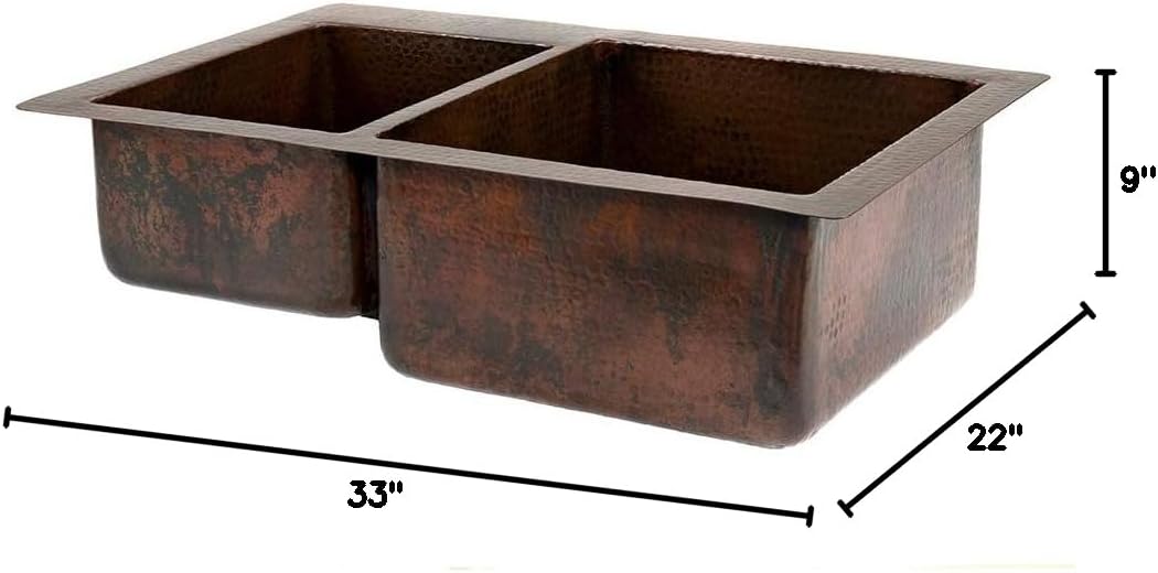 Premier Copper Products K40DB33229 33-Inch Hammered Copper Kitchen 40/60 Double Basin Sink, Oil Rubbed Bronze