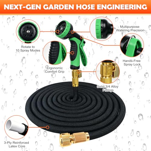 75FT Expandable Garden Hose with 10 Spray Nozzle, Lightweight Water Hose with 3-Layers Latex and 3/4" Solid Brass Fittings, Kink-Free Retractable Flexible Gardening Hose with Storage Bag, Kink-Free by Gtoopal - Used condition - Image 4