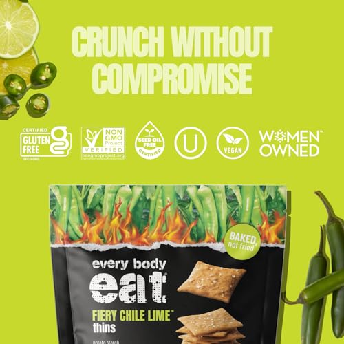 Image of Every Body Eat Snack Cracker Thins, Fiery Chile Lime - Gluten Free, Vegan, Dairy Free, Nut Free, and Seed Oil Free (4oz Case of 6)