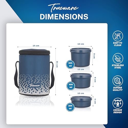 Image of Trueware Omaga Lunch Box with Insulated Fabric Jacket, 3 Microwave Safe & Leak Proof Inner Stainless Steel Containers (1 x 200ml, 1 X 400ml & 1 X 500ml) Tiffin for Office, College