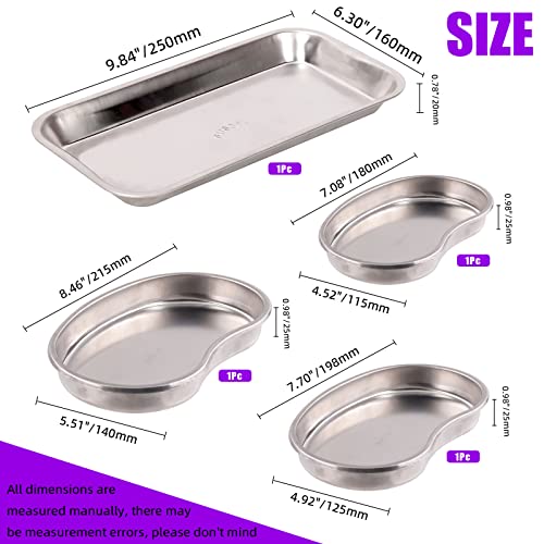 Image of Swpeet 4Pcs 304 Stainless Steel 2 Shapes Square and Kidney Surgical Tray Assortment Kit, Metal Instrument Tray Dental Procedure Lab Instruments for Medical Instruments, Tattoo, Flat Bottom Tray