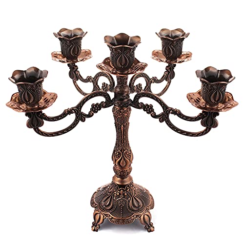 Fanwnki 5-Candle Metal Candelabra 10.3 Inch Tall Candlestick Candle Holders For Home Decor Wedding Christmas Church Halloween Party, Red Bronze Tulip #TOP16