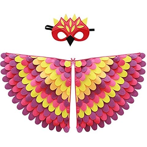 Proumhang 2 Pieces Kids Bird Wings Costume for Age 3~8 Years,Bird Owl and Peacock Masque Owl Dress Up,Boys Girls Felt Eye Masque and Wings Set,Halloween Colorful Fancy Dress,Style 10 Cover